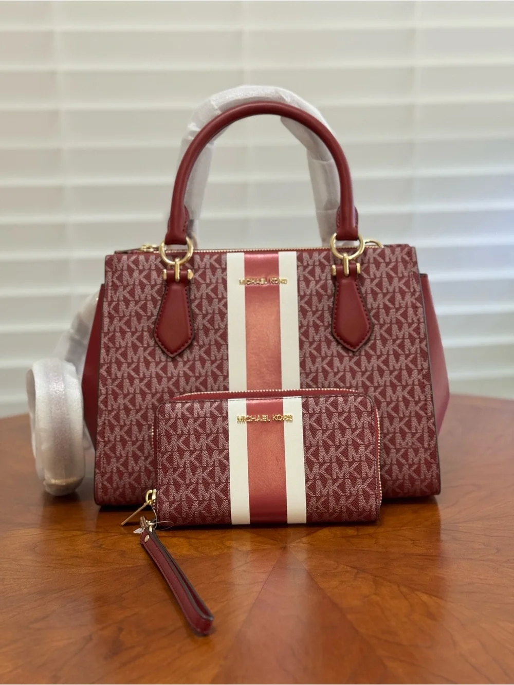 Michael Kors Red Burgundy Signature Satchel with Matching Wristlet